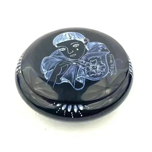 VTG Ceramic Trinket Box Round Lid Unknown Artist 5" Wide Dark Blue Hand Painted - Picture 2 of 13